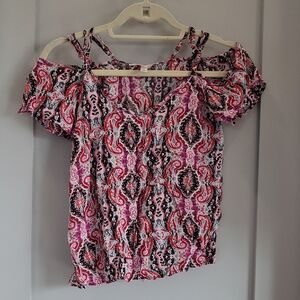 Cold-Shoulder Paisley Print Cami Top - Pink & Black